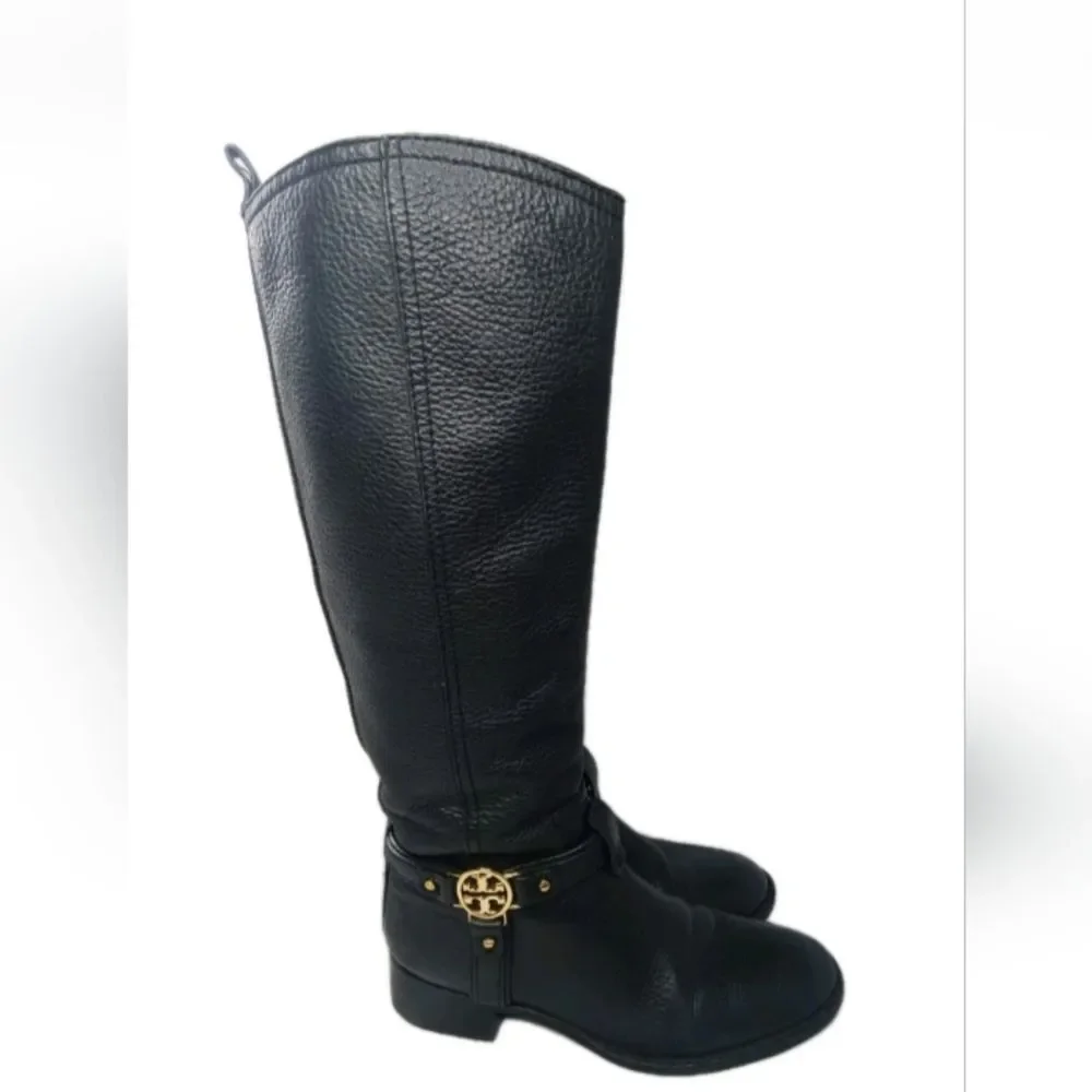 Tory Burch Black Leather Riding Boots Women's Size 5 M Gold Logo Accent